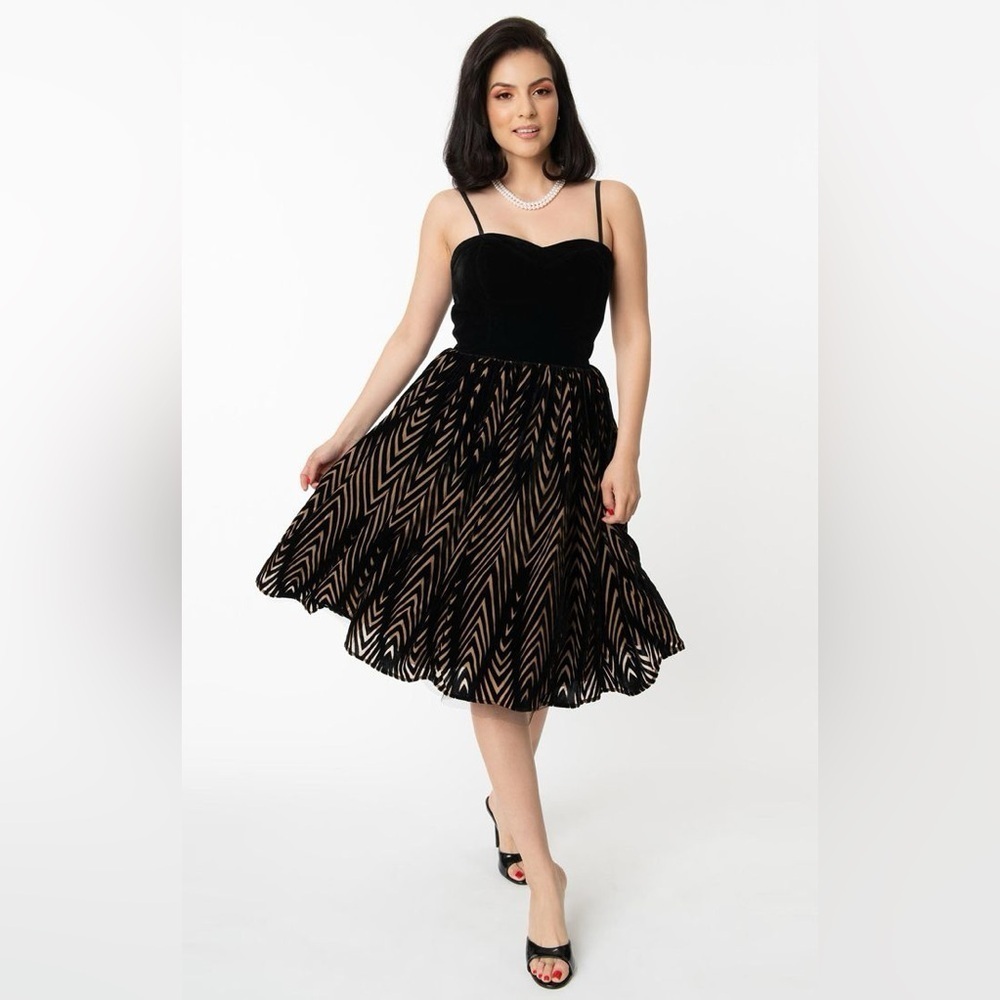 Unique Vintage Black Velvet & Gold Chevron Fit-and-Flare Dress